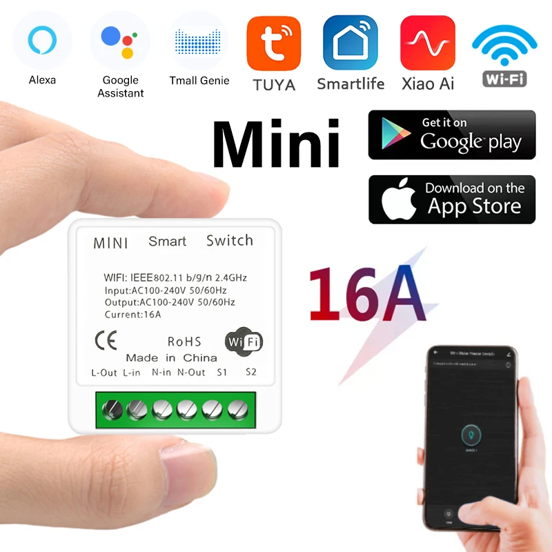 

Мини Wi-Fi переключатель Tuya с поддержкой 16 А, двухсторонний Модуль Автоматизации для умного дома, работает с приложением Alexa Google Home Smart Life