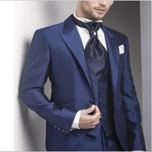 Conjunto de 5 piezas de moda para hombre, traje ajustado de alta calidad con solapa de pico personalizada, color azul marino, (chaqueta, chaleco, pantalones y pañuelo), novedad de 2021 (4)