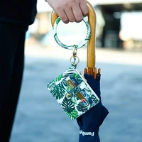 women girls round bangle key ring tassel pu leather wristlet keychain bracelet card holder wallet pendant
