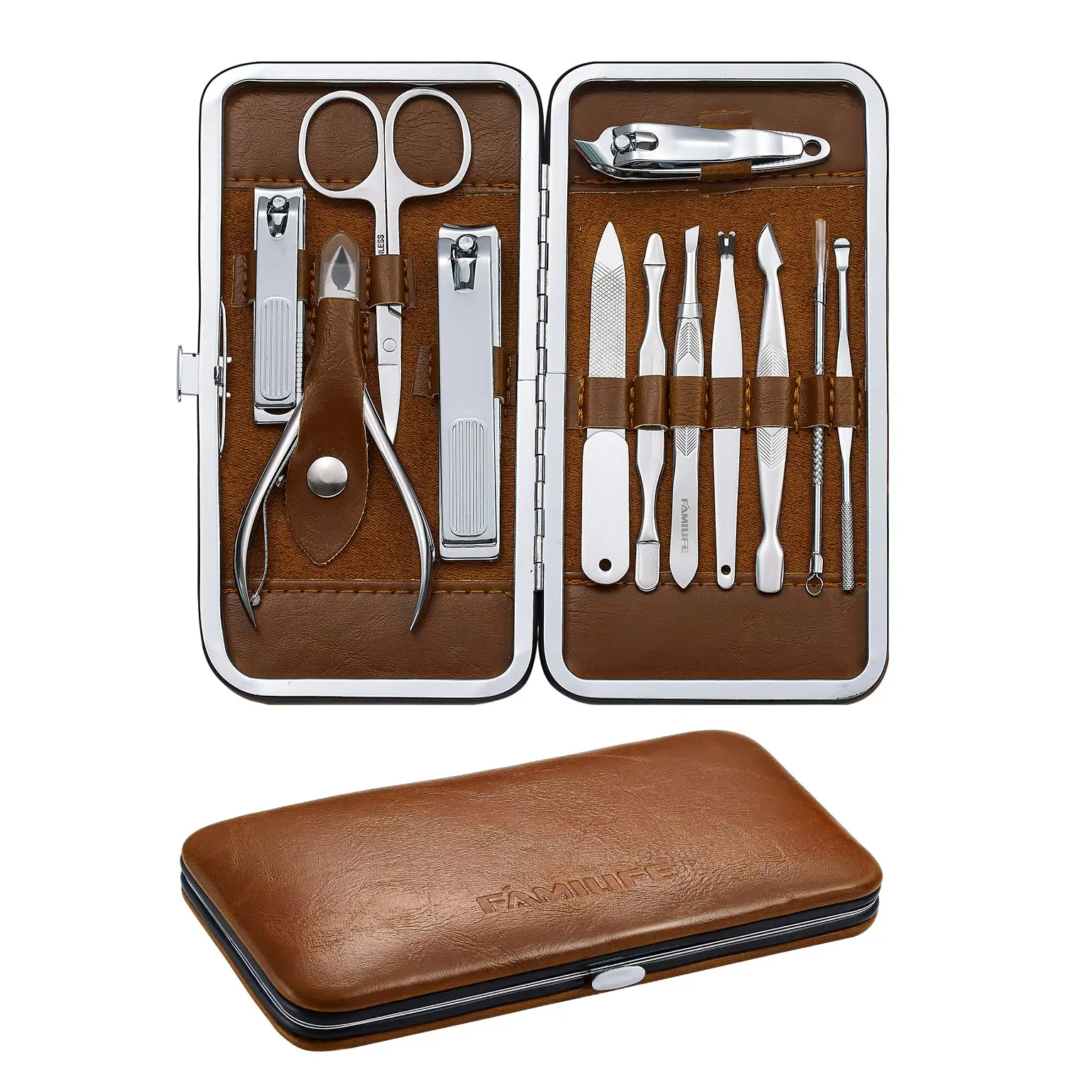 

FAMILIFE Manicure Pedicure Kit Professional Nail Clippers Set Men and Women 12 Pieces Grooming Kit with Luxurious Leather Travel
