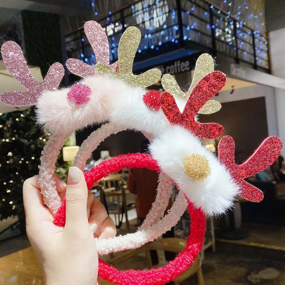 

1 Pc Autumn Winter Cute Cartoon Children's Antler Headband Christmas Elk Hair Hoop Bow Headband Hair Accessories