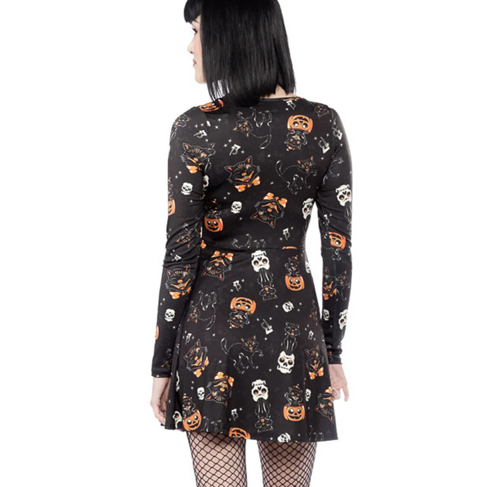 

Halloween Dress Women 2021 Autumn Vintage A-line Print Holiday Sexy Pumpkin Print Clothes Dresses Woman Party Night