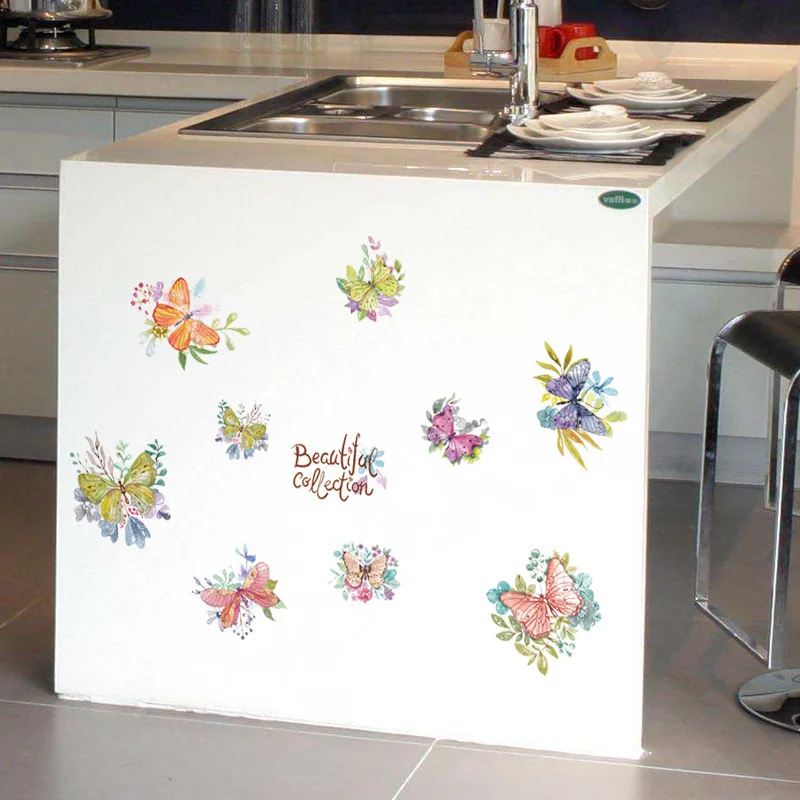 Cartoon Hand-painted Colorful Butterfly Flower Wall Stickers Cabinet Refrigerator Door Wardrobe DIY Decorative Wallpaper Decals | Дом и сад