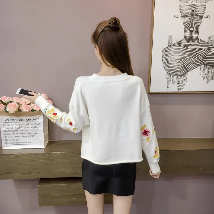 Женский вязаный свитер Shein модный милый пуловер с круглым вырезом и вышивкой в