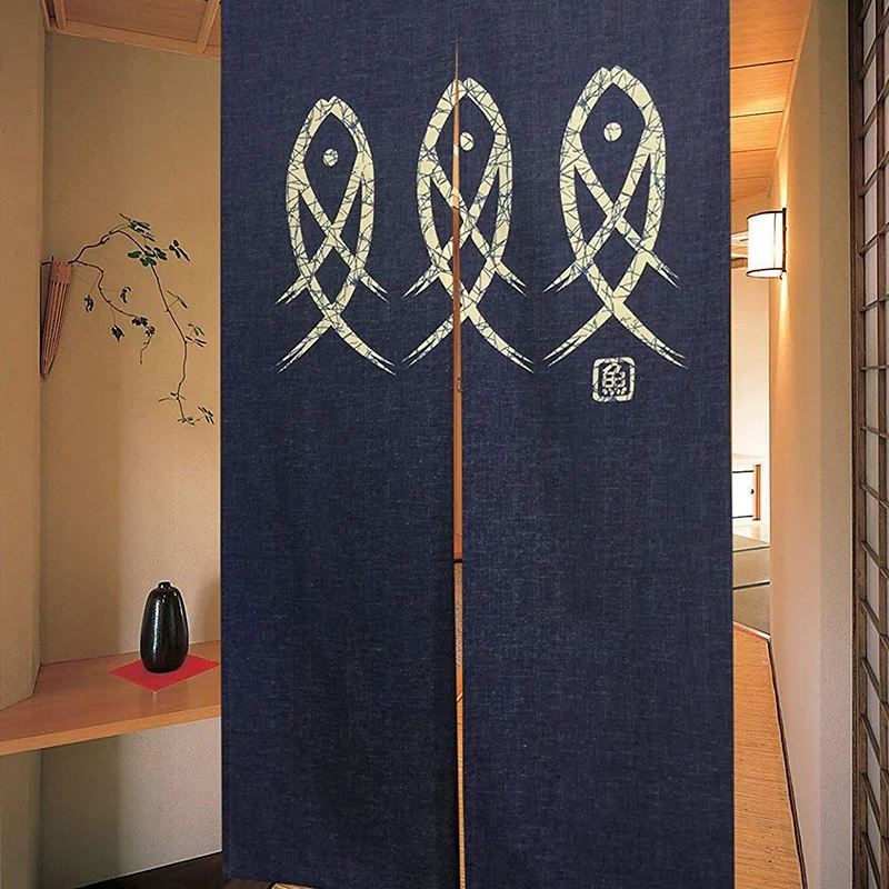 Japanese Noren Doorway Curtain Ancient Character Fish Tapestry For Home Decoration Blue 33X59Inch | Обустройство дома
