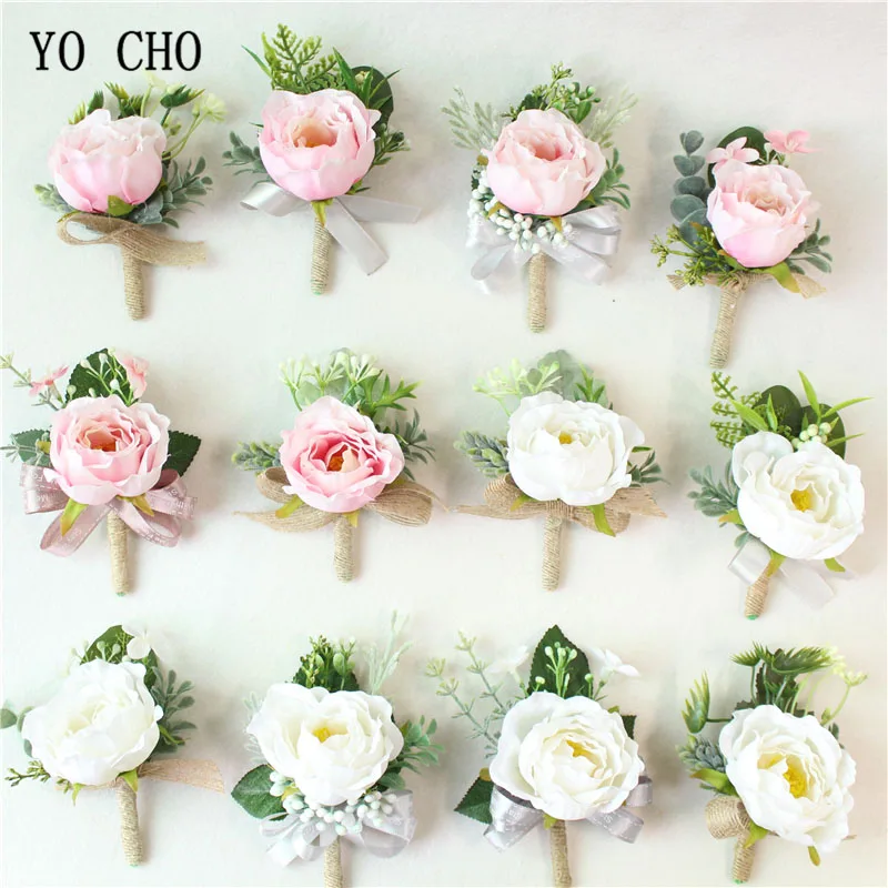 

YO CHO DIY Men Corsage Groom Boutonniere Bridal Wrist Corsages Bridesmaid Bracelet Handmade Silk Rose Flower Wedding Accessories