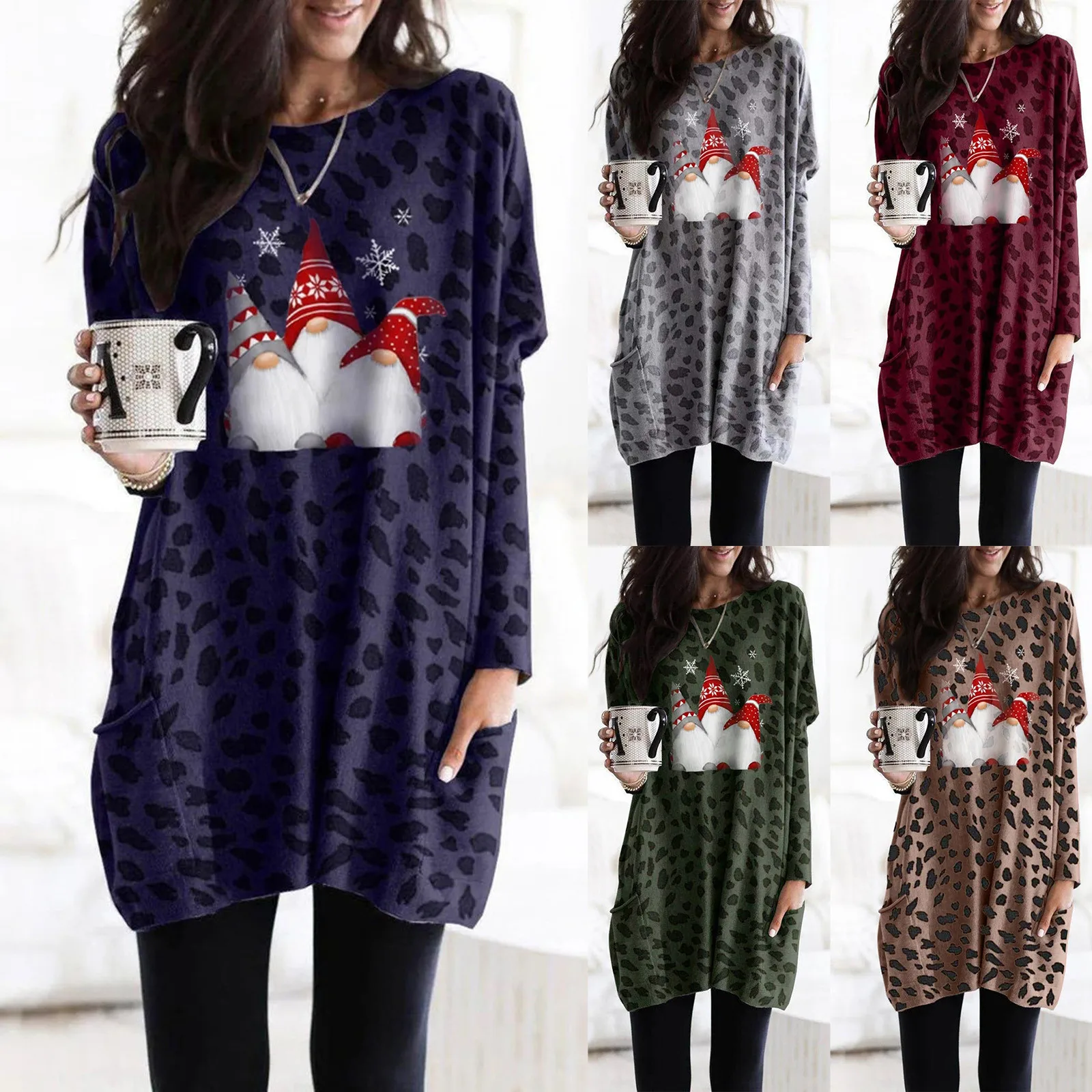 

Рождественские Женские топы с длинным рукавом и круглым вырезом с карманами, осенне-зимние женские топы, футболки, рождественские топы с пр...