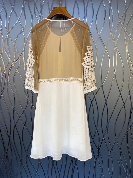 

2021 spring and summer new women's round neck color matching perspective long sleeve decorative fashion dress 318