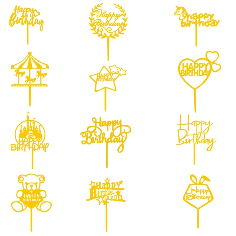 12 шт. украшения для торта на день рождения акриловые золотистые черные