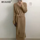 Женское длинное платье-свитер RUGOD, элегантное мягкое теплое вязаное платье с поясом в Корейском стиле, зима 2019