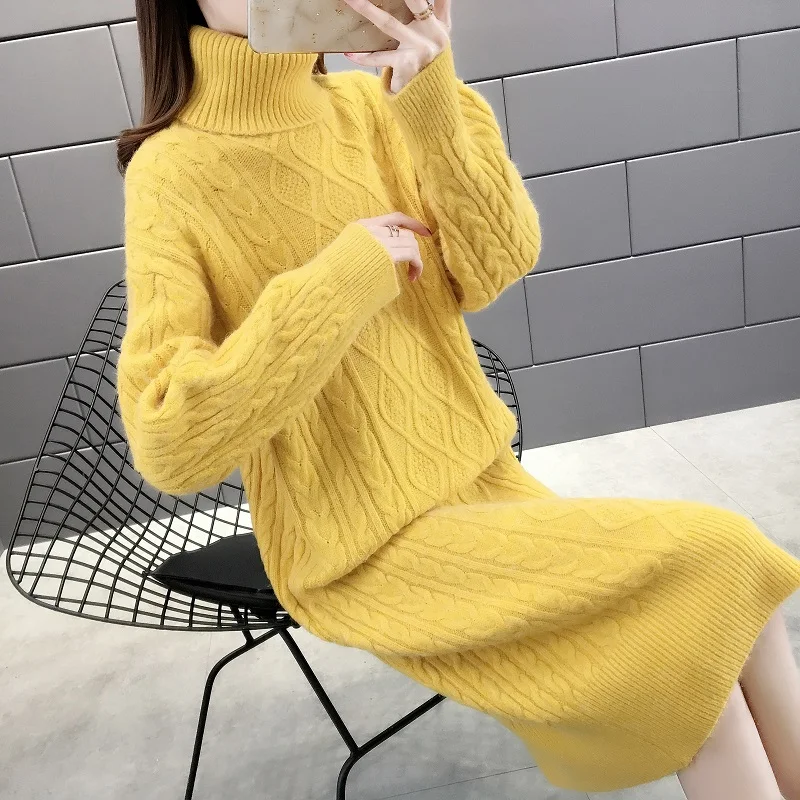 

Turtleneck long knitted cashmere sweater dress woman thickened 2022 new autumn winter twist loose base sweaters women