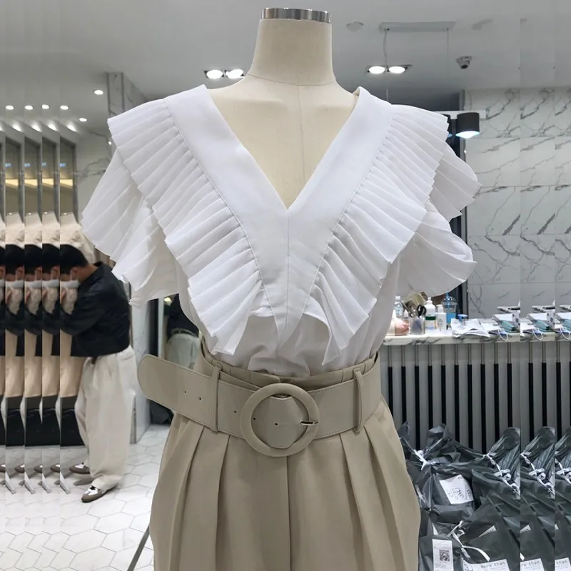 

2020 Summer New Sweet Pleated Double V-neck White Shirt Korean Style Butterfly Sleeve Simple Casual Womens Tops Blouses T254