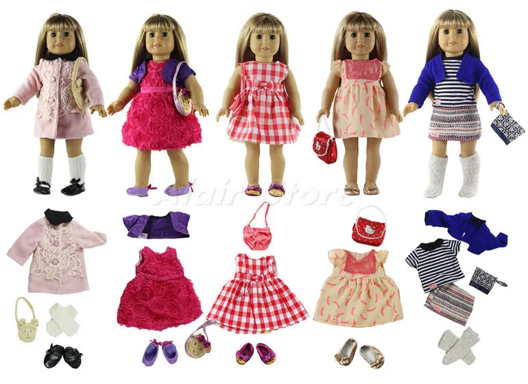 

Lot 19 Item=5 Set Clothes+5 Pieces Handbags+4 Pair Shoes+2 Pair Socks Outfit 18 inch Doll Clothes for 18'' American Doll