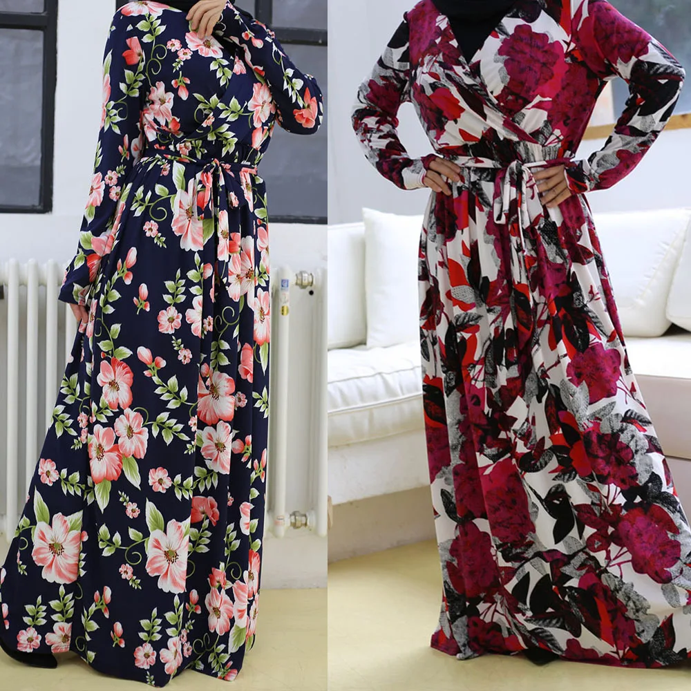 

Floral Printed Abaya Muslim Long Dress Turkish Dubai Arab Jilbab For Women Middle East V-neck Casual Islamic Vestido Robe Gown
