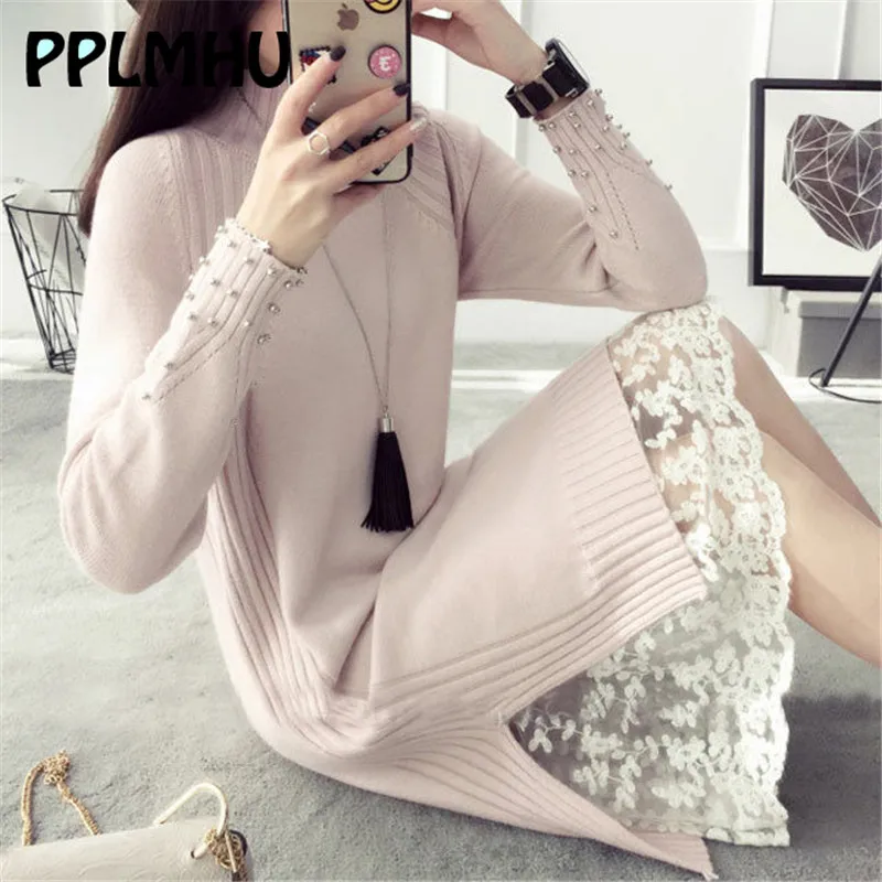 Зима плюс размер 2XL кружевное платье женское Макси вязаное длинное базовое с