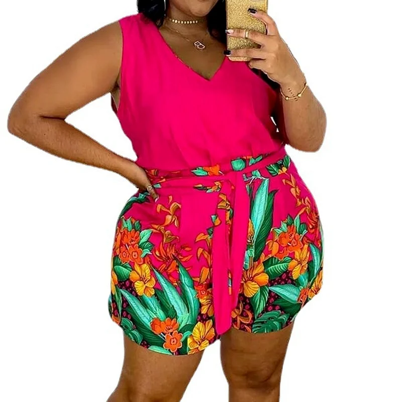 

2021 Women's Summer New Sleeveless Print Shorts Large Size One-piece Pants Ladies One-piece Shorts Home Pants