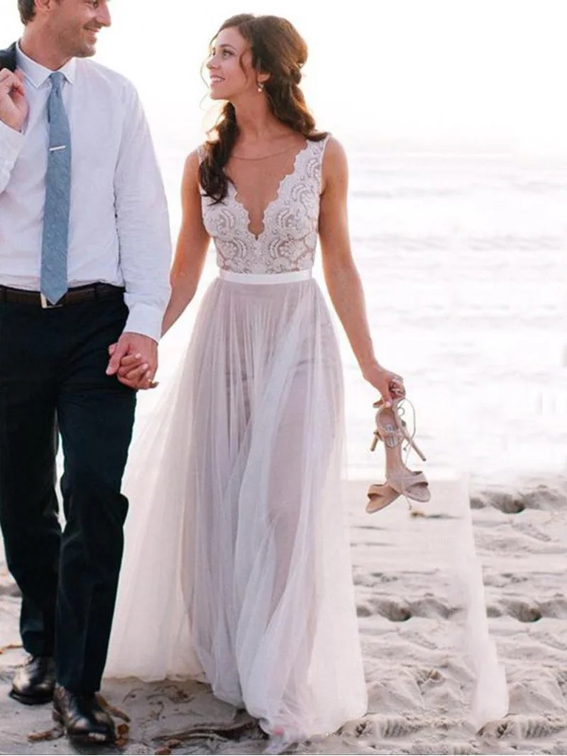 

Deep V Neckline Lace Beach Wedding Dresses, Sexy Long Custom Wedding Gowns, Affordable Bridal Dresses