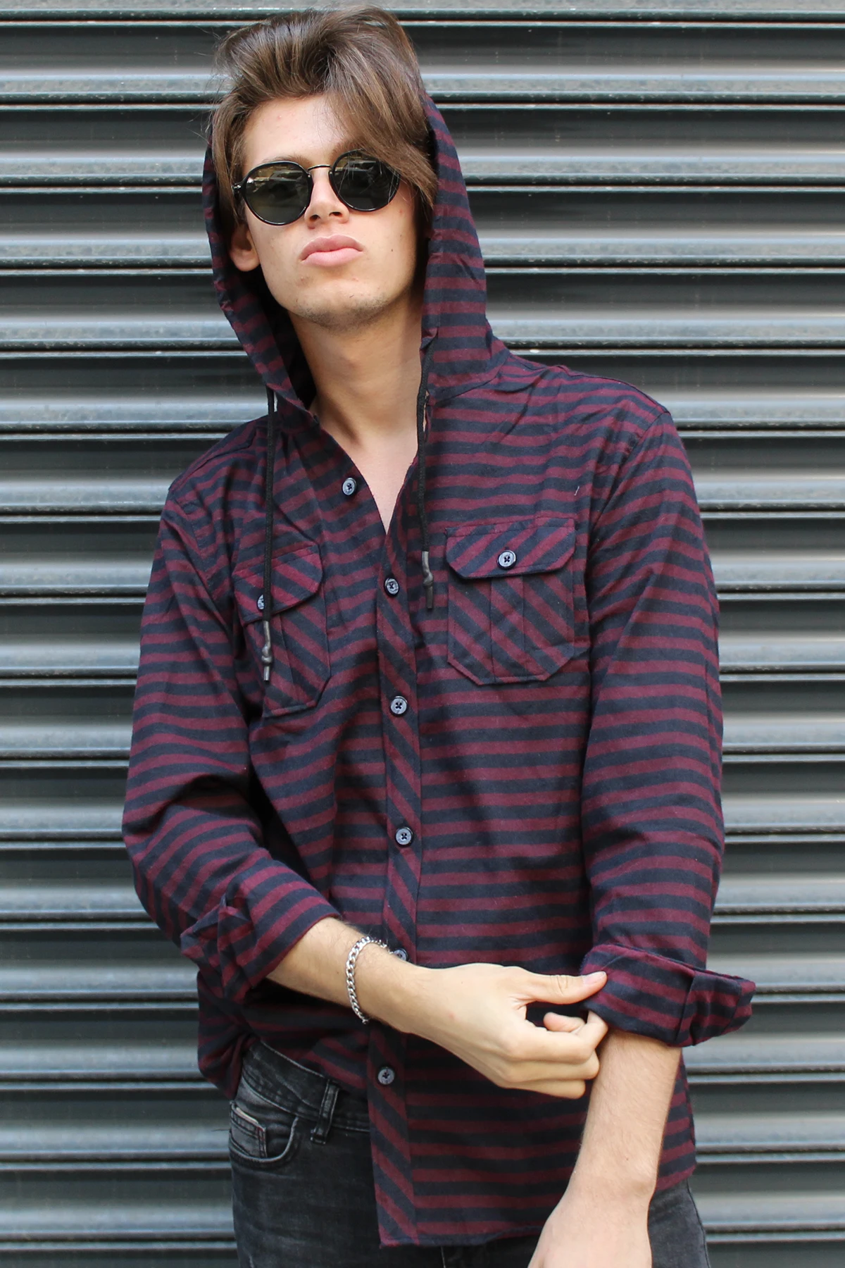 

Striped Hooded Claret Red Mens Shirt