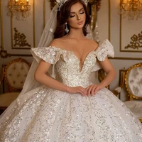 vestido de noiva vintage ball gown wedding dresses ruffles off shoulder sequins long dubai arabic bridal gowns for women