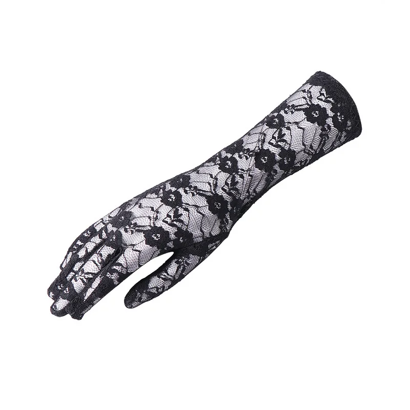 

Medium length Lace Gloves women's hollow out breathable thin five finger flower elastic mesh black dance etiquette accessories