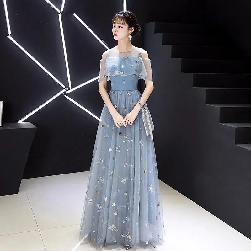 Elegant Light Blue Patchwork Mesh Dress Star Sequins Cheongsam Formal Party Gowns Female Embroidery Sexy Chinese Dress Qipao - Цвет: Blue