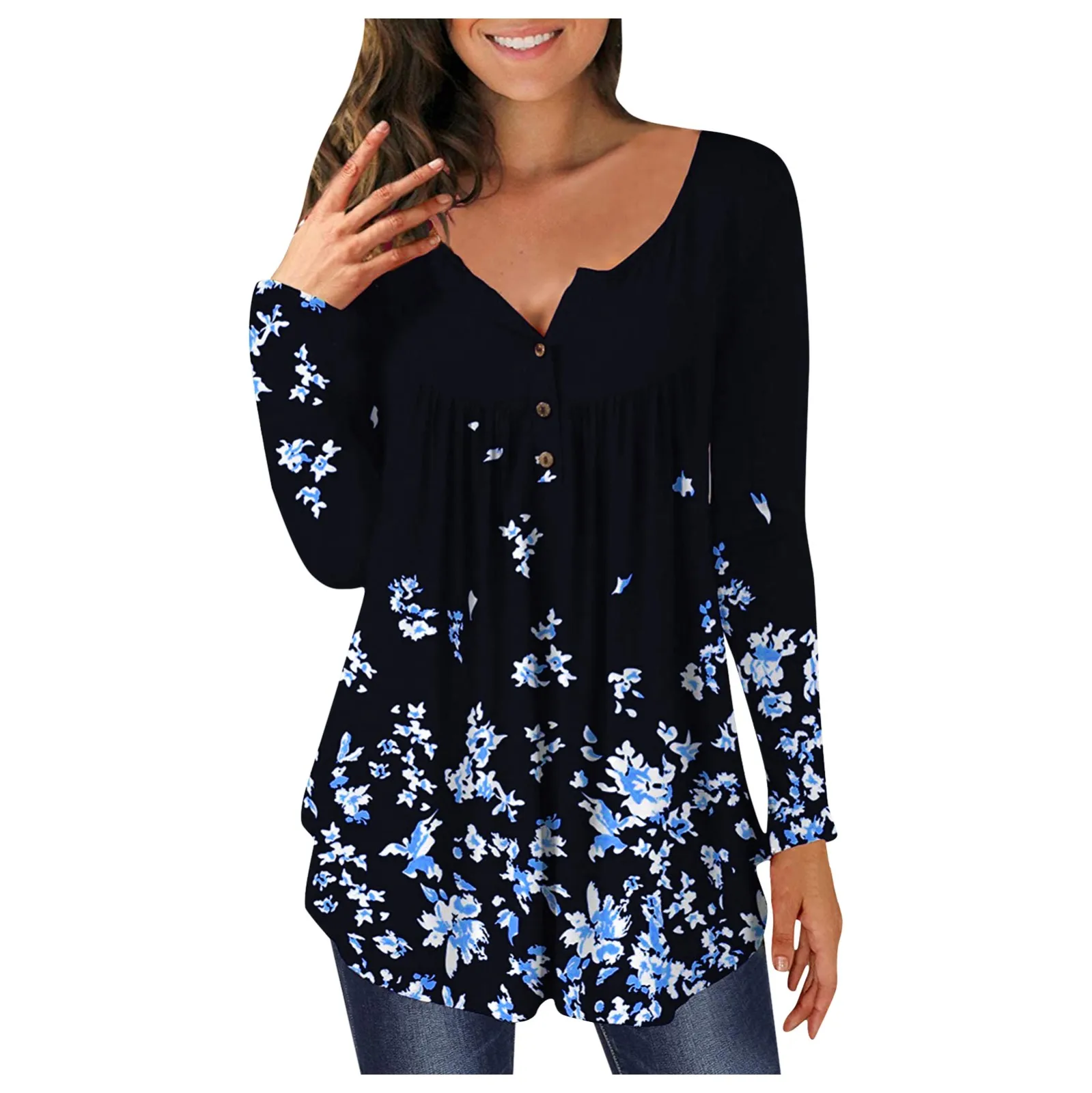 

Blouses Long Sleeve Shirts For Womens Floral Dot Print Tops Casual V-neck Aesthetic Ropa Mujer Top Women Harajuku Shirts #672