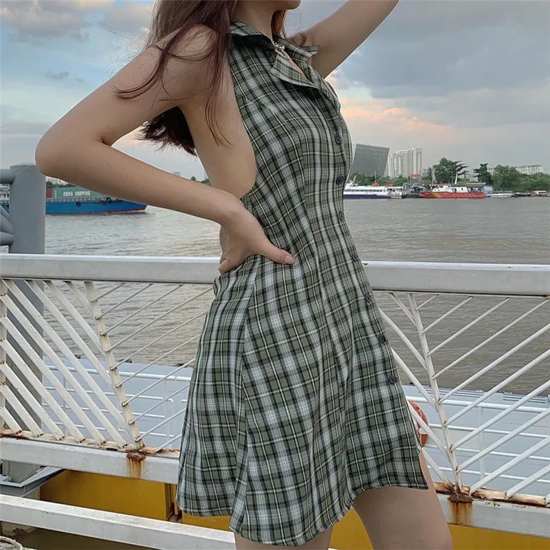 

Casual Plaid Halter A-line Dress Women Korean Fashion Sexy Backless Sleeveless Mini Dresses Party Streetwear Summer 2021Iamhotty
