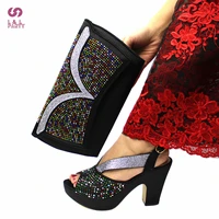 2021 winter new arrivals italian design shoes and bag to match in black color decorate with rhinestone for wedding party