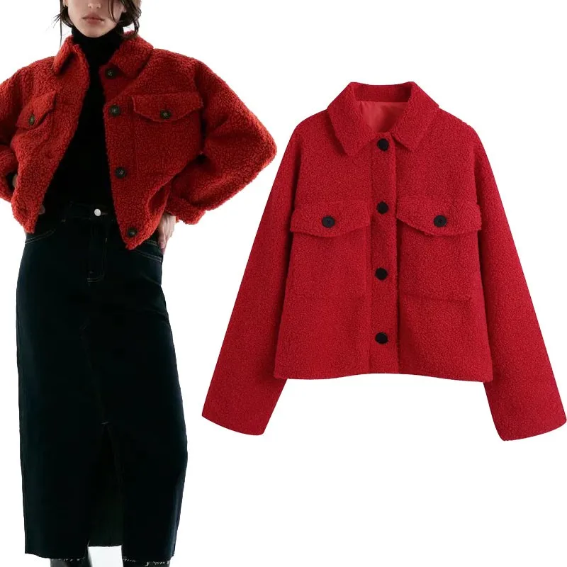 

ZA 2021 Double Faced Fleece Warm Jacket Women Winter Long Sleeve Vintage Red Jackets Outerwear Chic Feminino Loose Fleece Coat