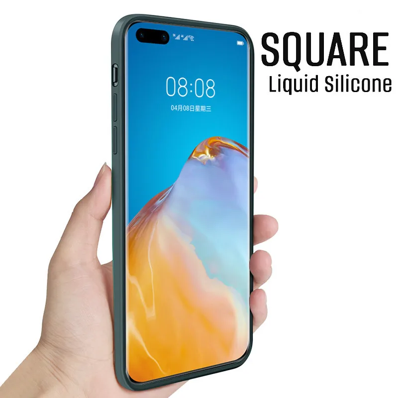 

For Huawei P20 P30 P40 P50 Pro P20 P30 P40 Lite Mate 20 30 40 Pro Case Luxury Square Original Liquid Silicone Soft Case Cover