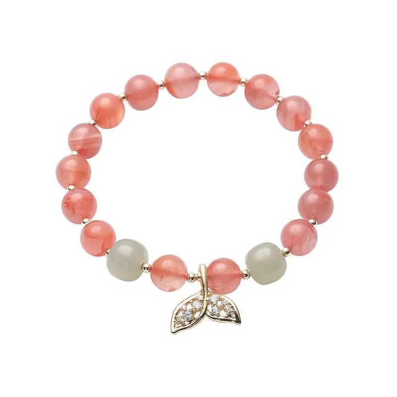 

Natural Cherry Red Southern Red Agate Fishtail 14K Gold Bracelet Fashion Hetian Jade Round Barrel Bead Hand Jewelry