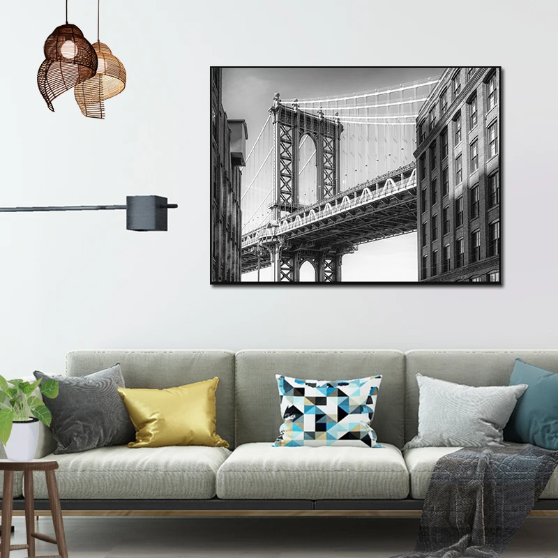 

Wall Art Canvas Poster Painting Prints Picture Living Bedding Room Decor Painting Original City View Brooklyn Bridge Black White