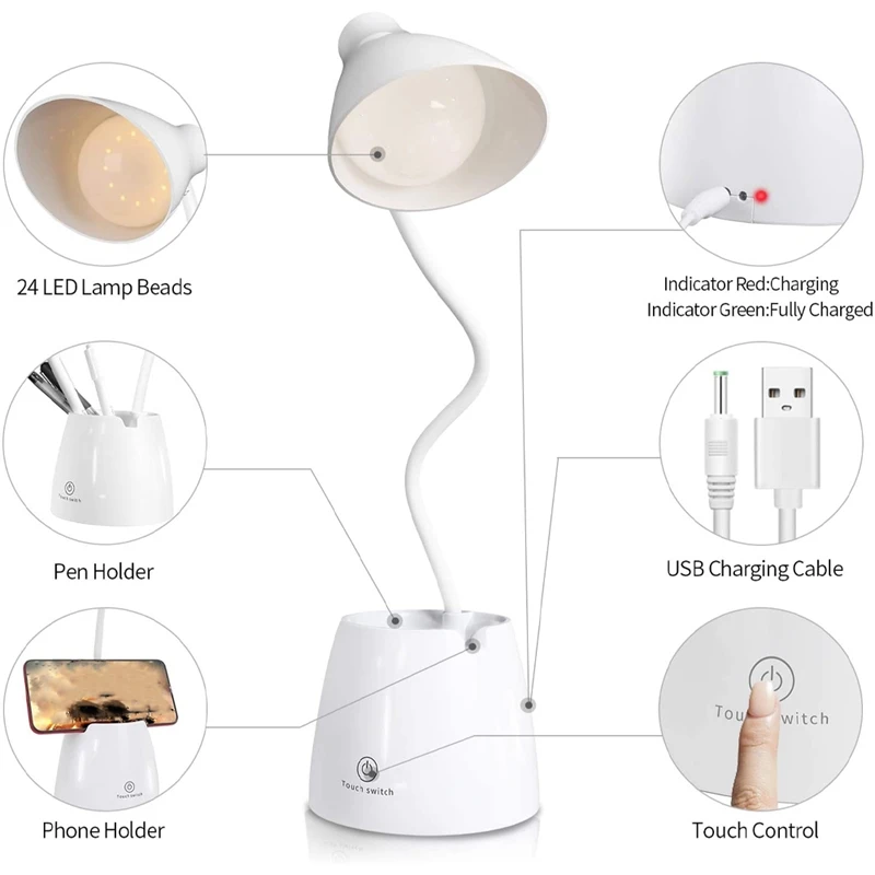 

Desk Lamp Rechargeable Energy Saving Reading Book Light Eye-Care Dimmable 360 Flexible Gooseneck Bedside Table Light