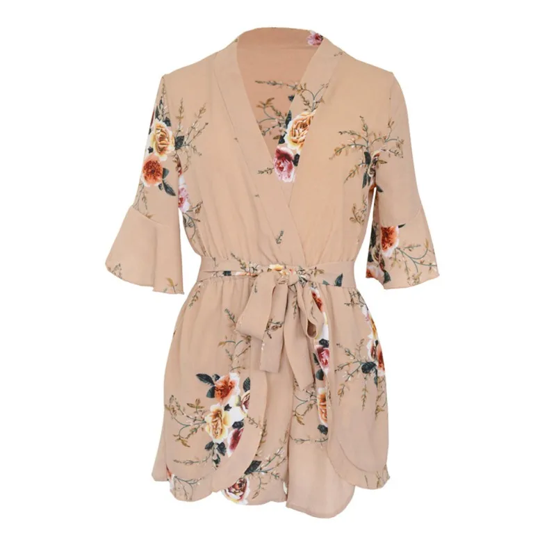 

Fashion V Neck Beach Casual Ruffles Overalls Women Floral Print Short Sleeve Jumpsuit Rompers With Sashes