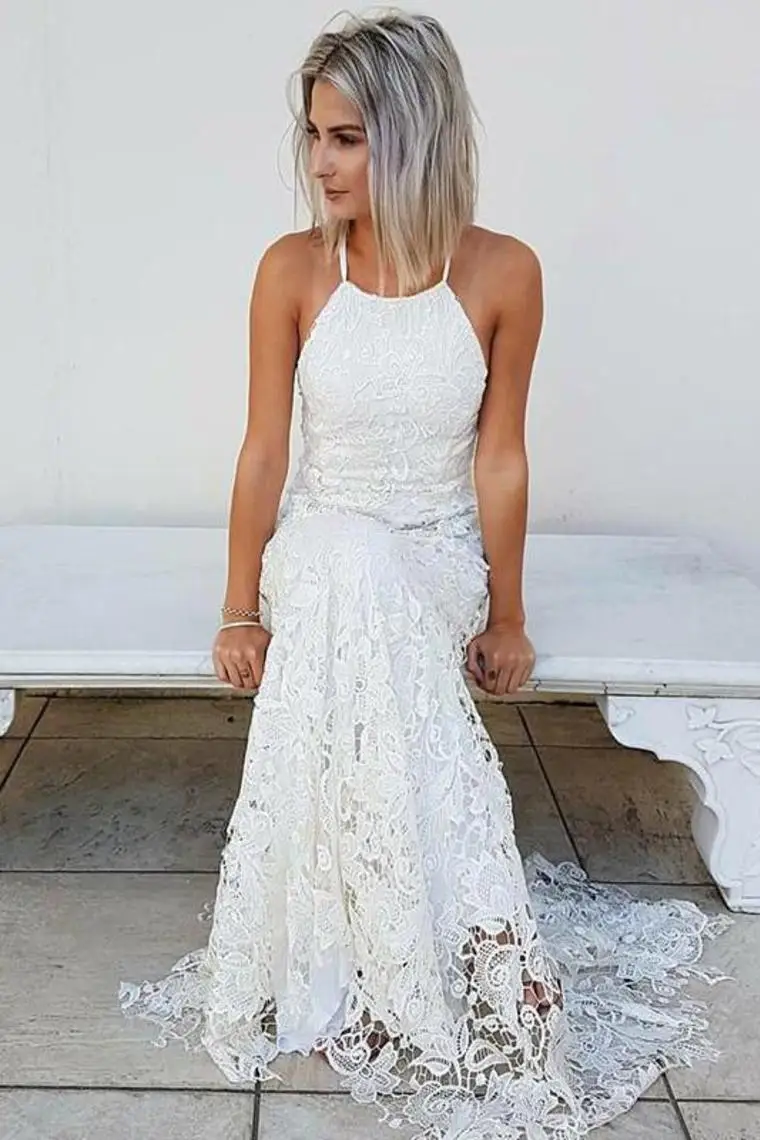 

Simple Halter Mermaid Lace Appliques Wedding Dress Backless Beach Bridal Gowns vestidos de novia платье свадебное