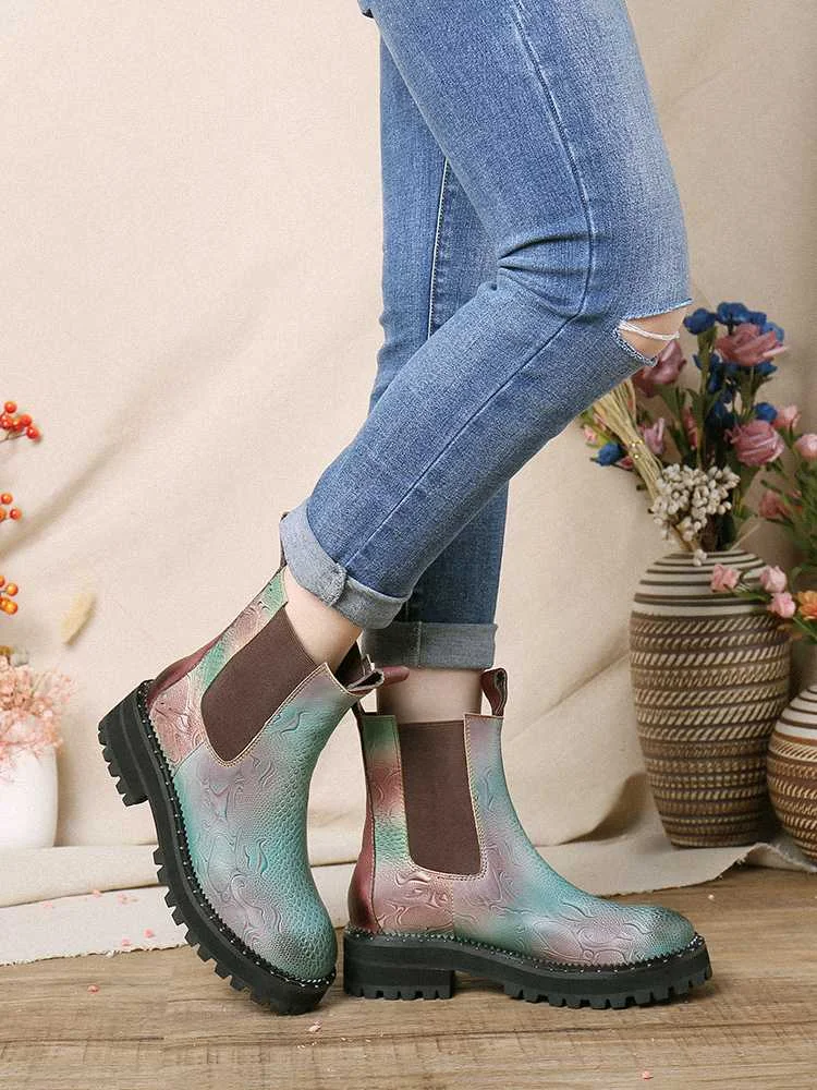 

SOCOFY Women's Boots Natural Render Color Leather Elastic Slip-on Casual Platform Short Boots New Fashion Elegant Ladies Shoes