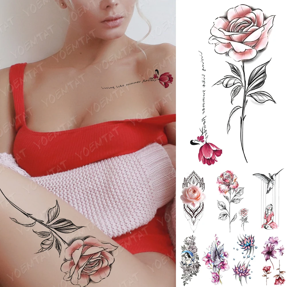 

Waterproof Temporary Tattoo Sticker Simple Line Rose Flower Tattoos Girl Bird Rose Body Art Arm Fake Sleeve Tatoo Women Men