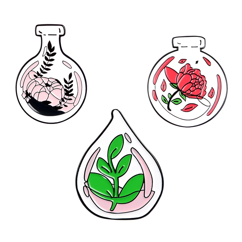 Набор эмалевых значков с цветами в бутылке красные розовые зеленые значки горшке