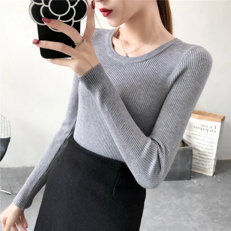 

2019 Basic O-neck Solid Autumn Winter Sweater Pullover Women Female Knitted Sweater Slim Long Sleeve Bodycon Sweater Cheap BE016