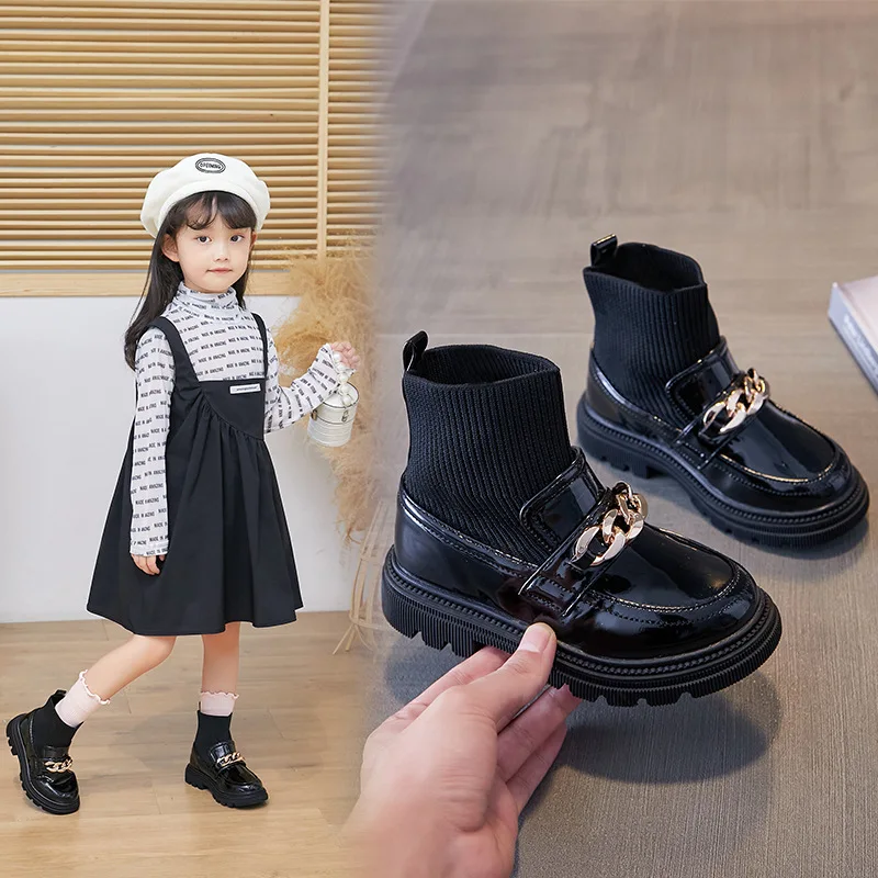 Girls Boys Fashion Boots New Autumn Children's Tide Breathable Short Boots Leather Knitting Patchwork Slip On Kids Shoes G176