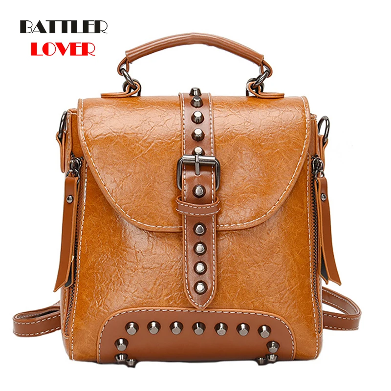 

2021 Women Fashion Bag Girls Portable Both Shoulder Backpack Leather Book Travel Bagpack For Female Rivet Small Laptop Schoolbag