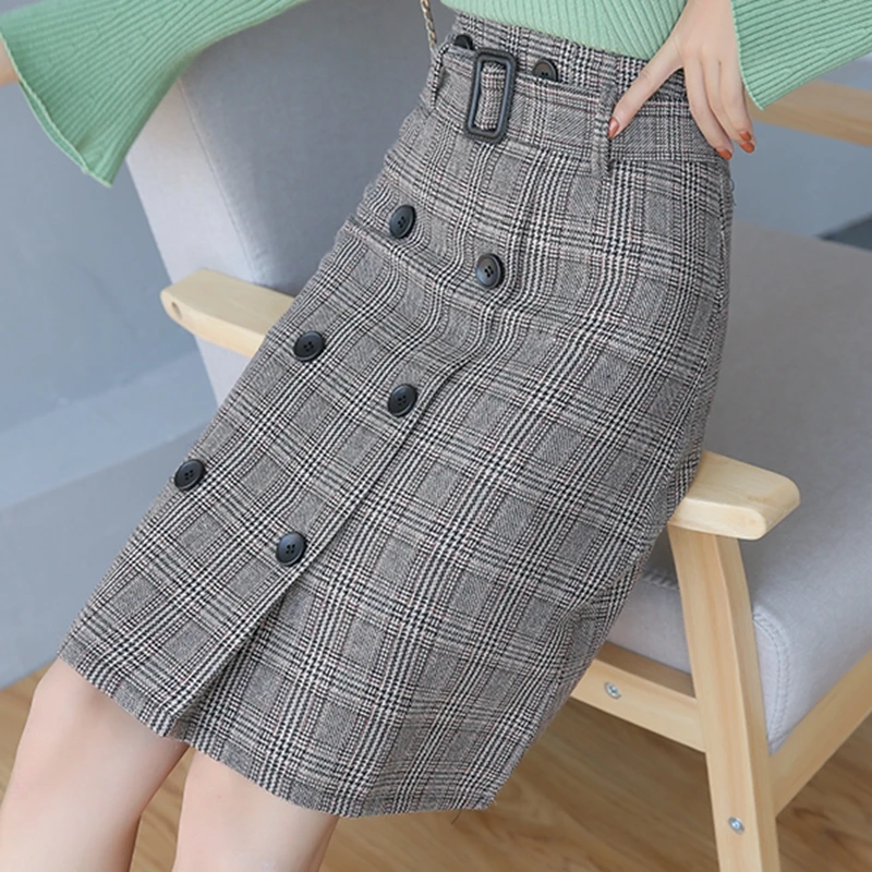 

Vintage woolen skirts women autumn winter buttons plaid skirts ladies Korean style casual long midi bag hip skirts belt