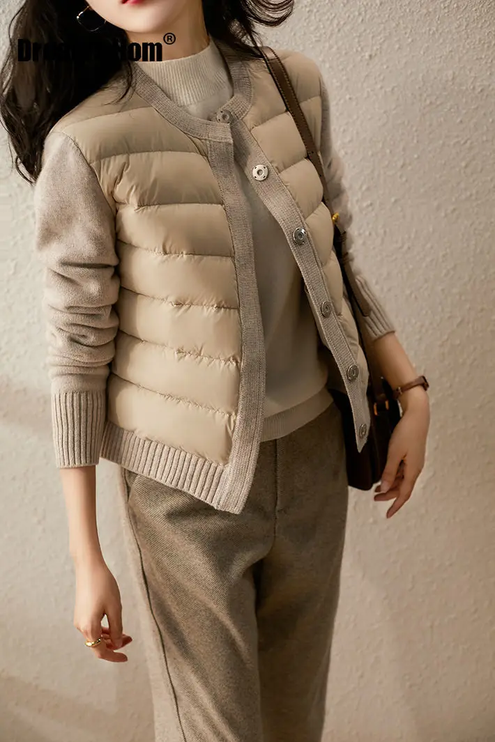 

2021 New Womens Jackets Autumn Winter Jacket Patchwork Knitted Cotton Padded Coat Parka