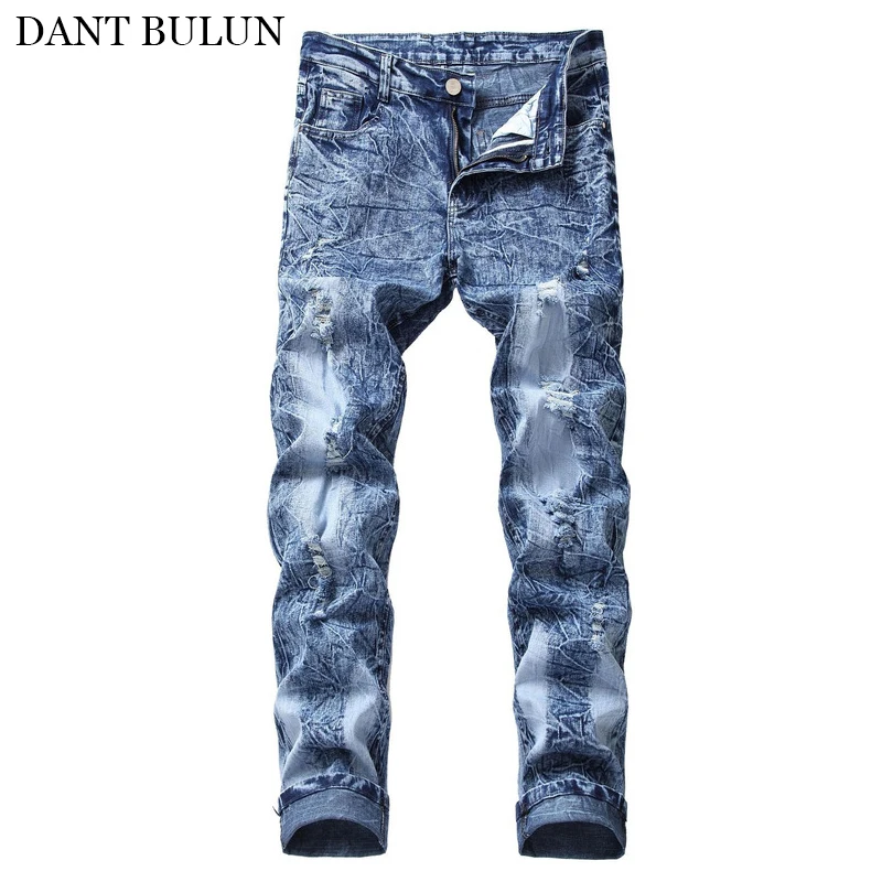 

Джинсы мужские Стрейчевые плиссированные, рваные брюки скинни, потертые брюки из денима, повседневные штаны
