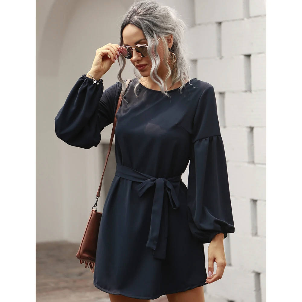 

Женское мини-платье с длинным рукавом, темно-синее платье трапециевидной формы, Элегантное повседневное офисное платье со шнуровкой на тал...
