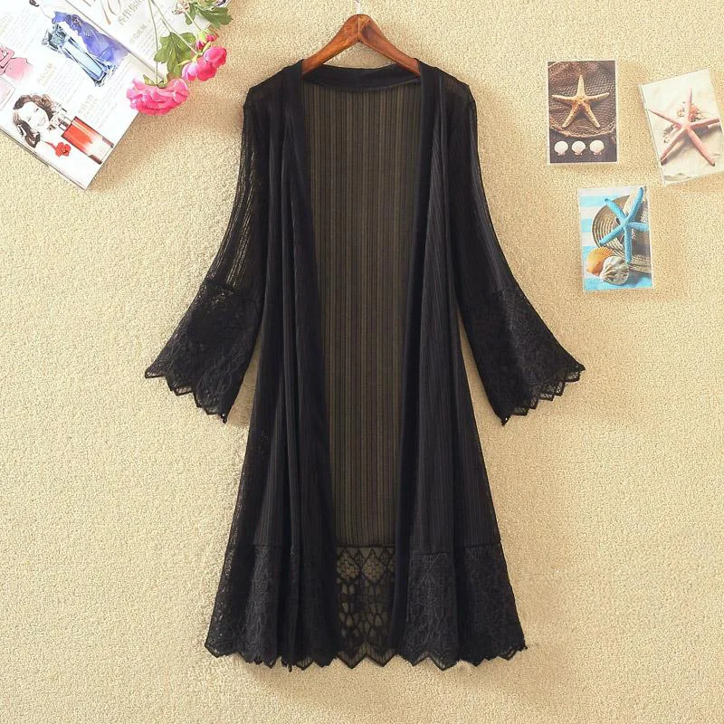 

2020 Spring-Summer New Style Korean-style Mid-length Solid Color Cardigan Three-quarter-length Sleeve Lace Sunscreen Shawl Women