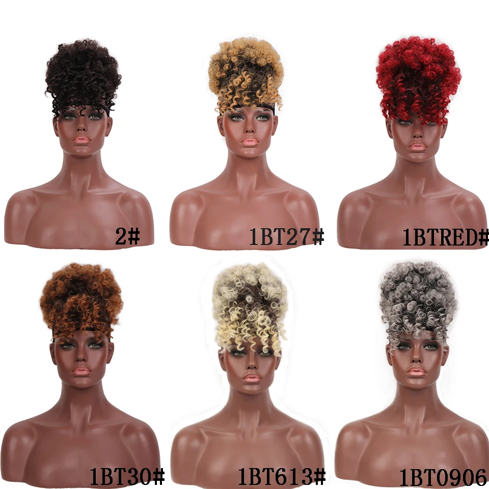 SHANGKE Women's Afro Kinky Curl Hair Bun With Bangs Synthetic Ombre Color Drawstring Clip In Puff Chignon Pins | Шиньоны и парики