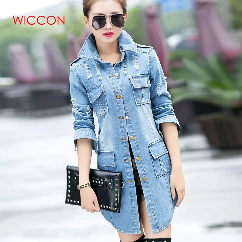 

Women Long Denim Jacket Autumn Fashion Hole Long Sleeve Denim Coat Female For Women Pocket Single Breasted Cardigan
