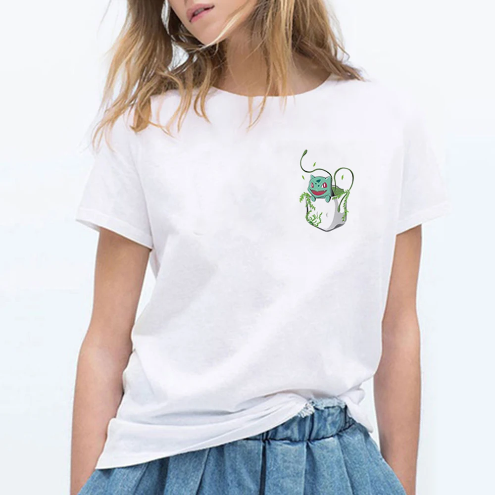 Новые модные женские туфли футболки Pokemon kawaii футболка аниме Pika Для женщин футболка Пикачу футболка хлопок короткий рукав для девочек Футболки-топы