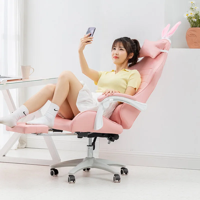Симпатичное розовое игровое кресло домашнее эргономичное вращающееся для